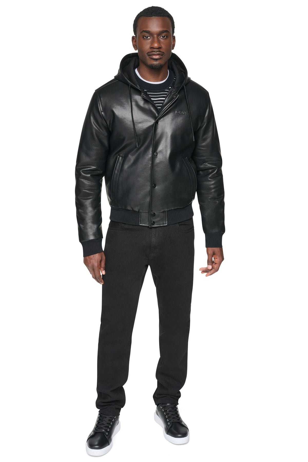 FAUX LEATHER HOODED BOMBER JACET Black | DKNY