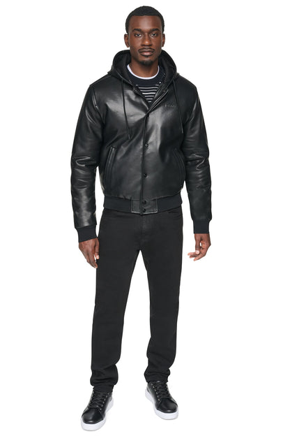 FAUX LEATHER HOODED BOMBER JACET Black | DKNY