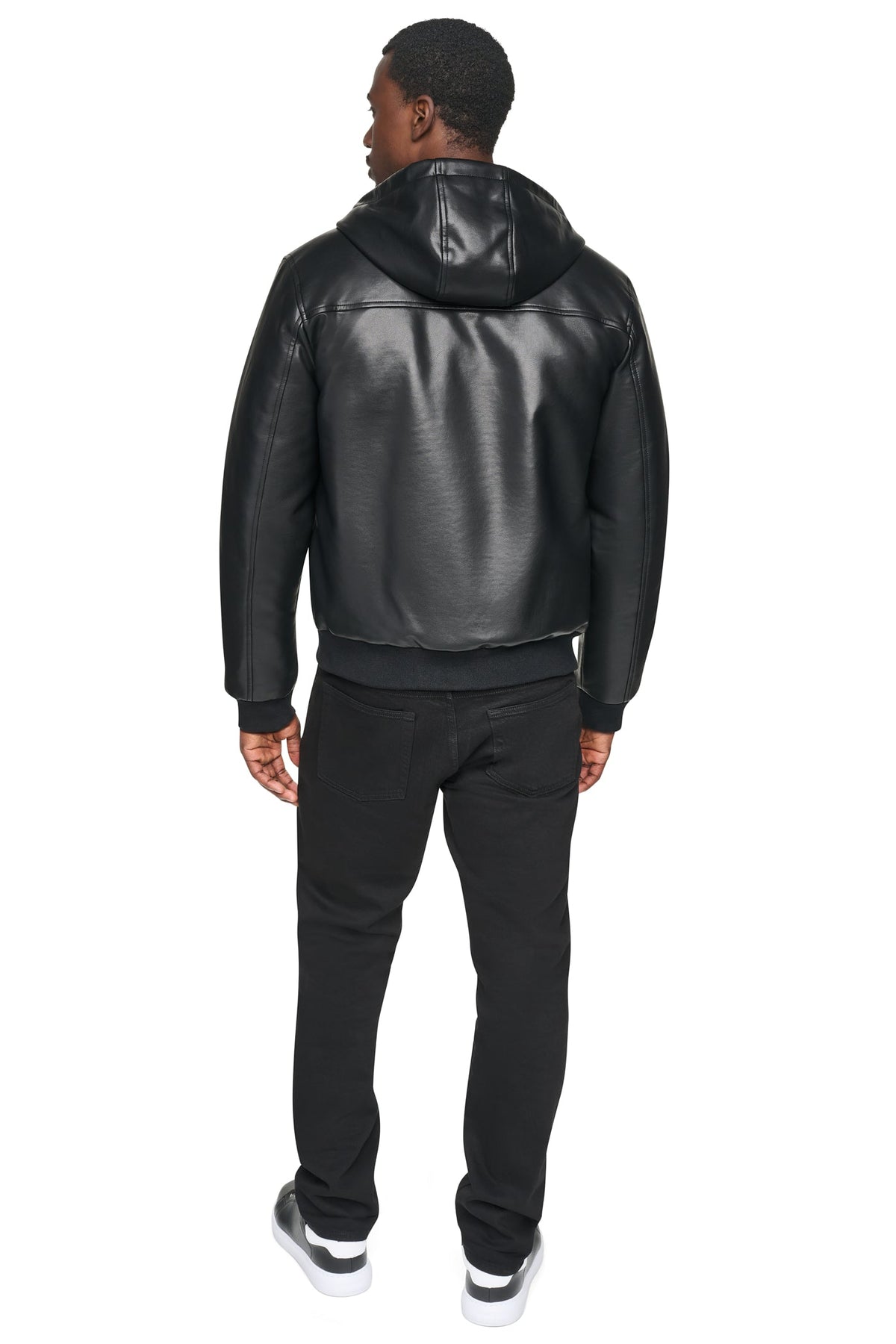 FAUX LEATHER HOODED BOMBER JACET Black | DKNY