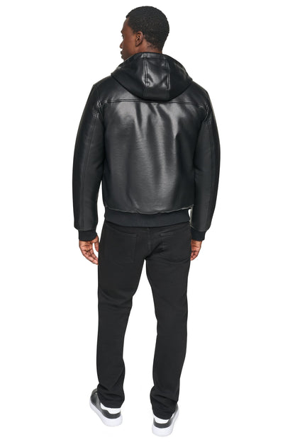 FAUX LEATHER HOODED BOMBER JACET Black | DKNY