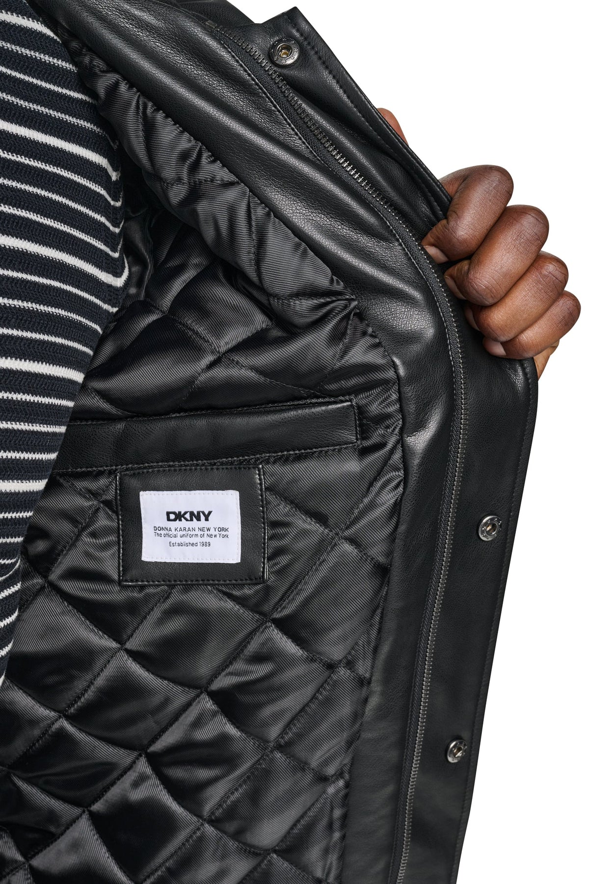 FAUX LEATHER HOODED BOMBER JACET Black | DKNY
