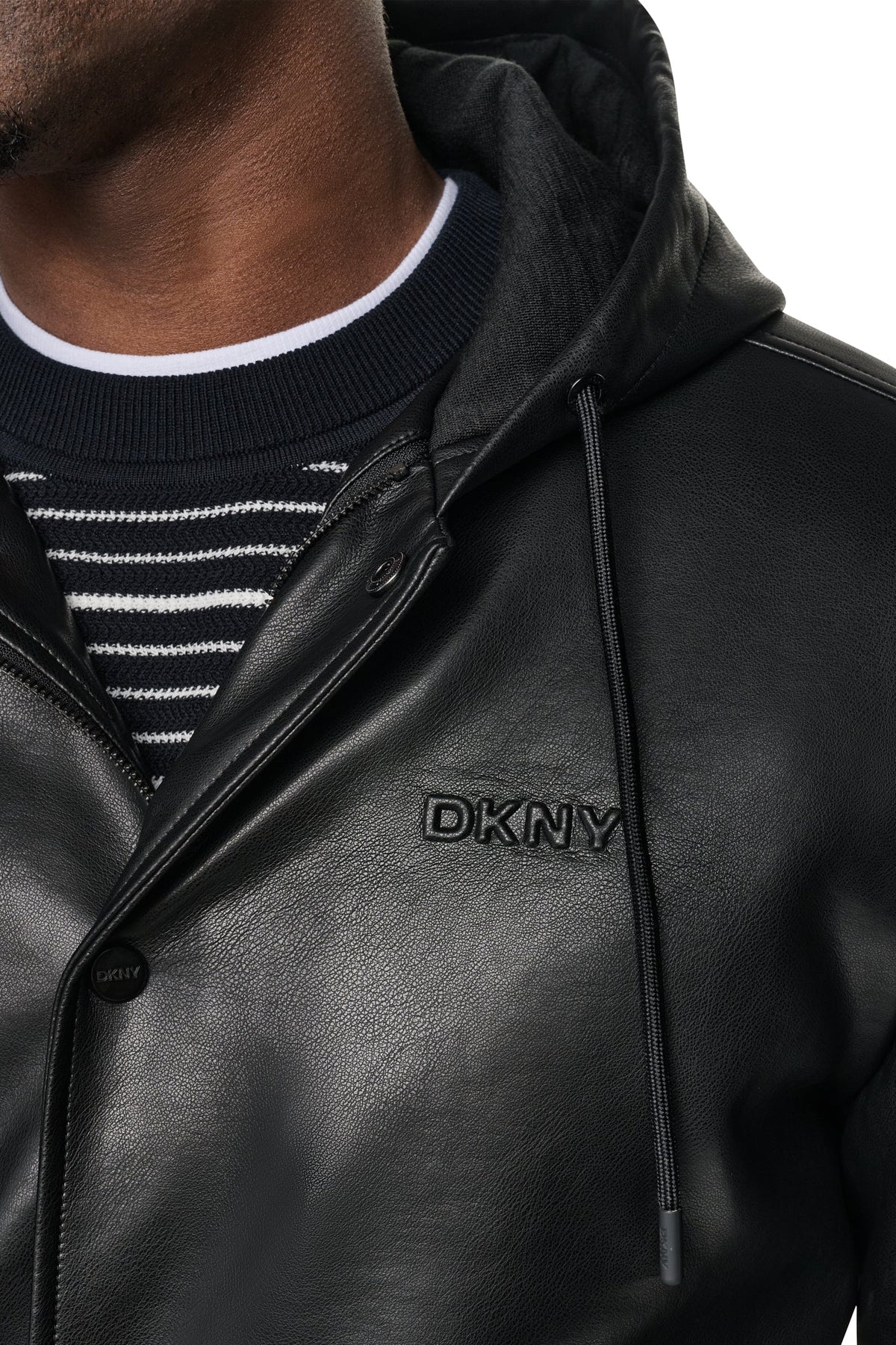 FAUX LEATHER HOODED BOMBER JACET Black | DKNY