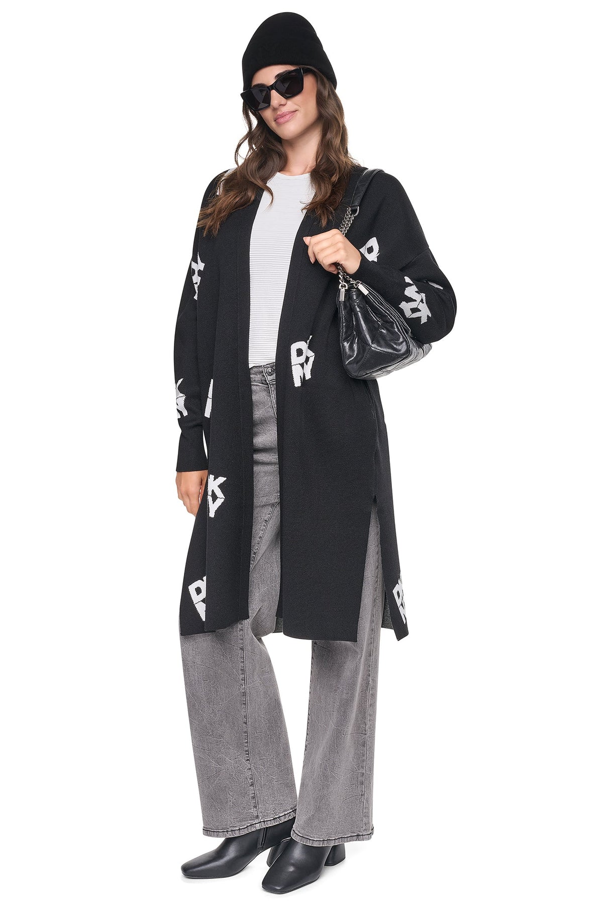 ALL-OVER STACK LOGO LONG CARDIGAN Black/Ivory | DKNY