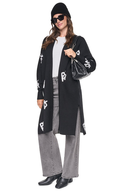 ALL-OVER STACK LOGO LONG CARDIGAN Black/Ivory | DKNY