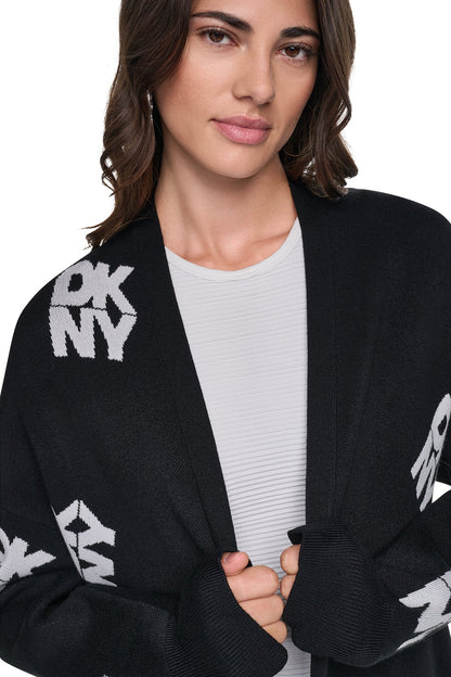 ALL-OVER STACK LOGO LONG CARDIGAN Black/Ivory | DKNY