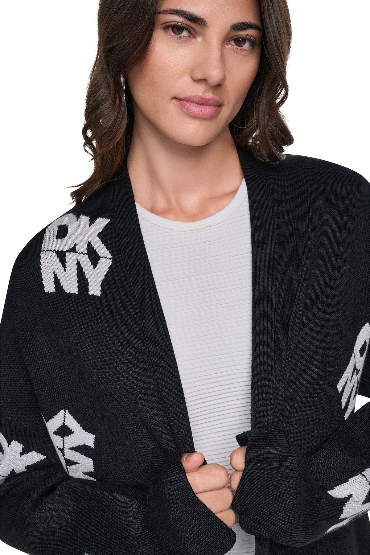 ALL-OVER STACK LOGO LONG CARDIGAN Black/Ivory | DKNY