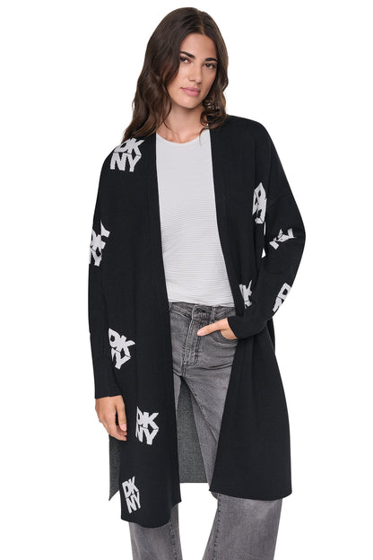 ALL-OVER STACK LOGO LONG CARDIGAN Black/Ivory | DKNY
