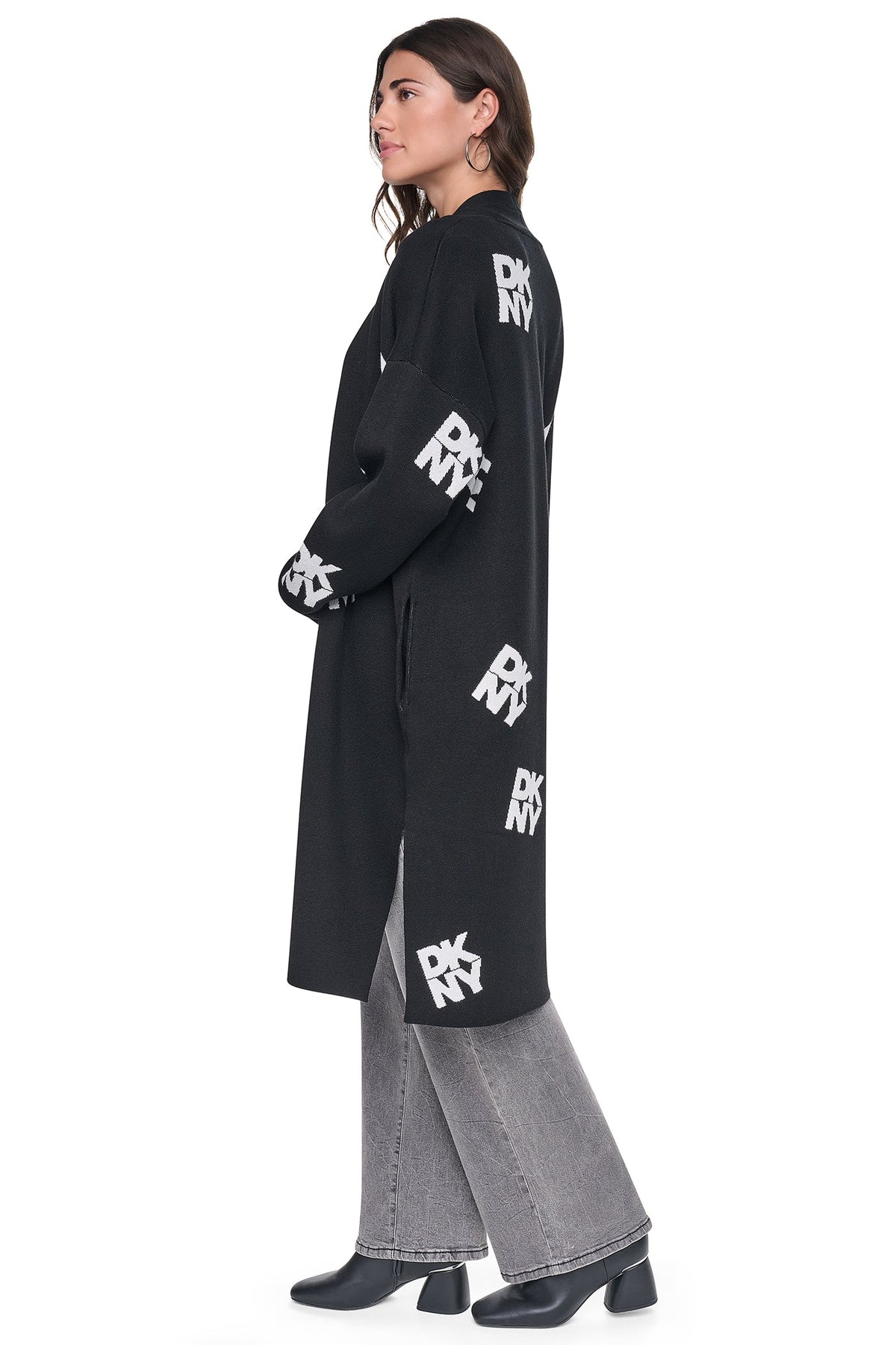 ALL-OVER STACK LOGO LONG CARDIGAN Black/Ivory | DKNY