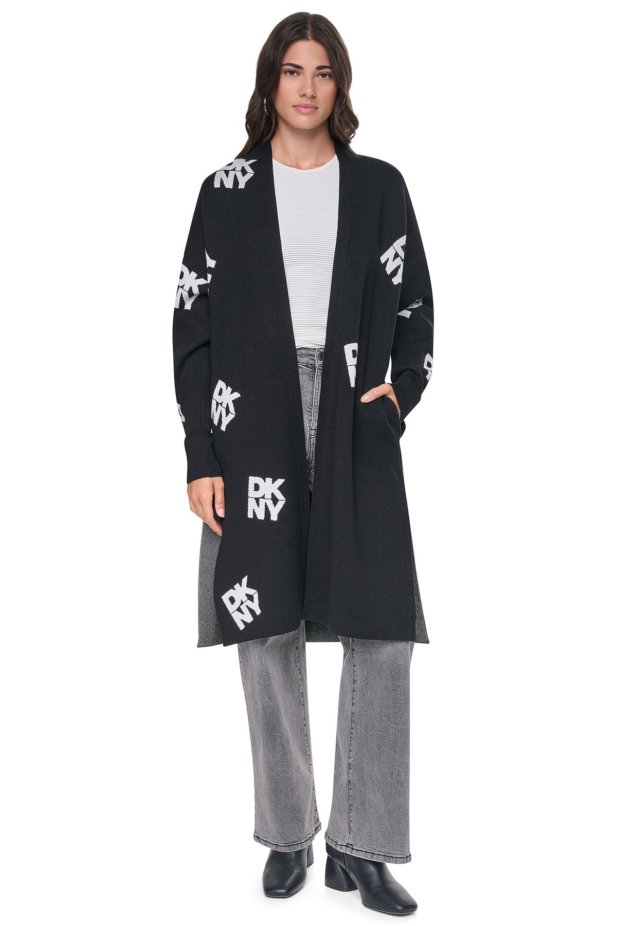 ALL-OVER STACK LOGO LONG CARDIGAN Black/Ivory | DKNY