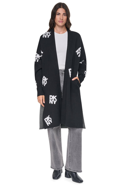ALL-OVER STACK LOGO LONG CARDIGAN Black/Ivory | DKNY
