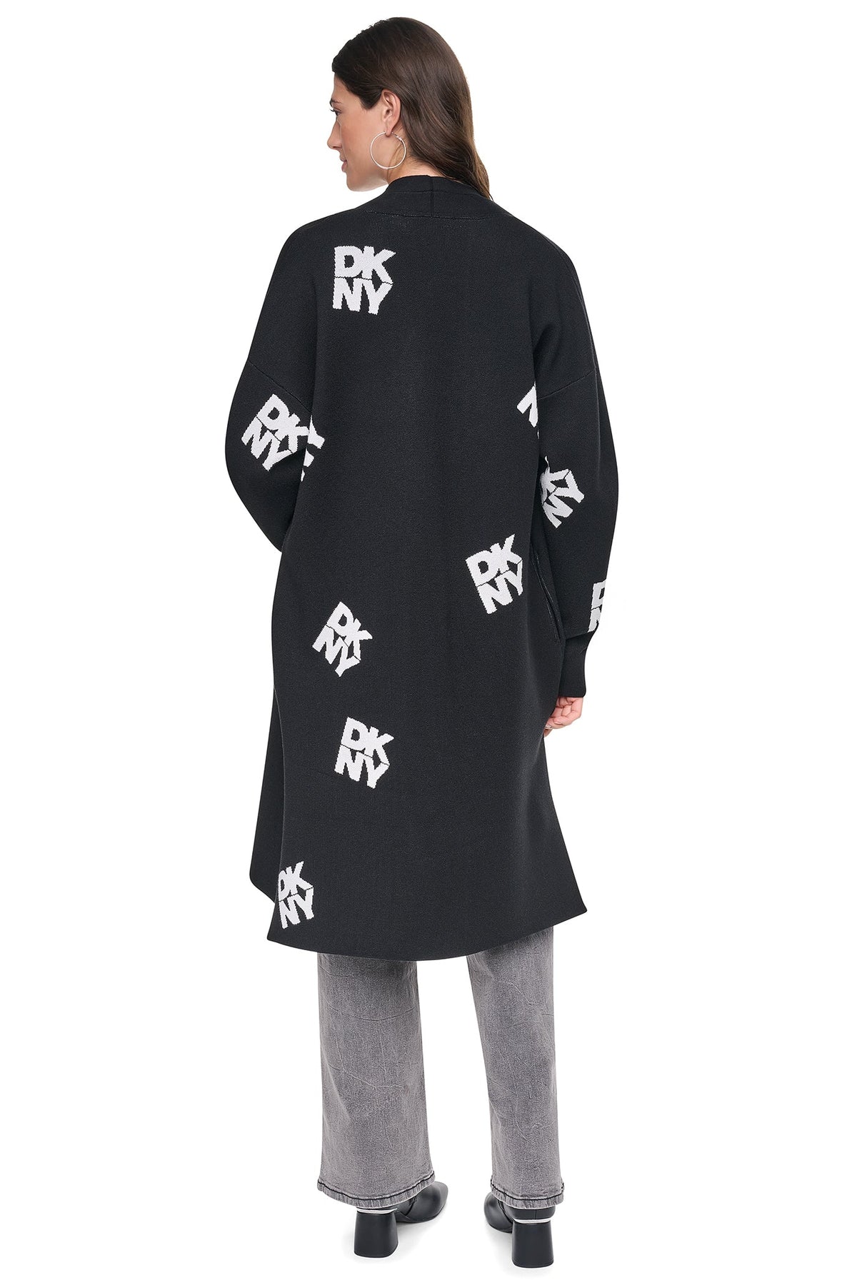 ALL-OVER STACK LOGO LONG CARDIGAN Black/Ivory | DKNY