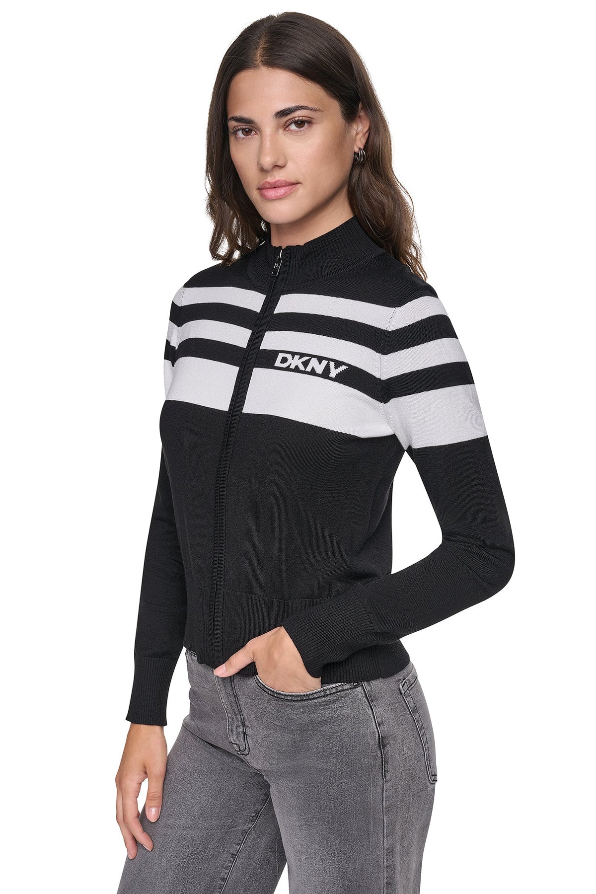 STRIPED MOCK NECK ZIP SWEATER Ivory/Black | DKNY