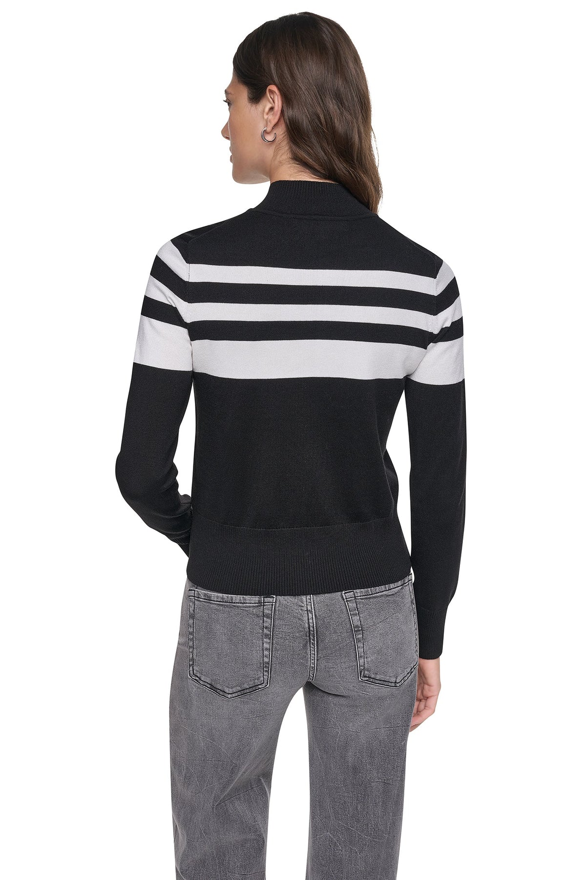 STRIPED MOCK NECK ZIP SWEATER Ivory/Black | DKNY