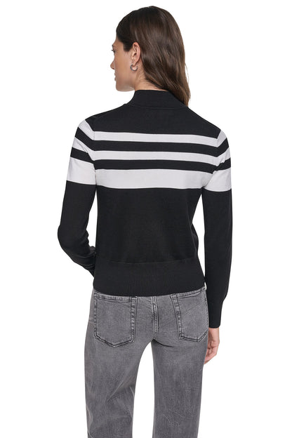 STRIPED MOCK NECK ZIP SWEATER Ivory/Black | DKNY