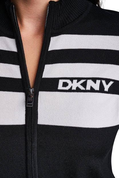 STRIPED MOCK NECK ZIP SWEATER Ivory/Black | DKNY