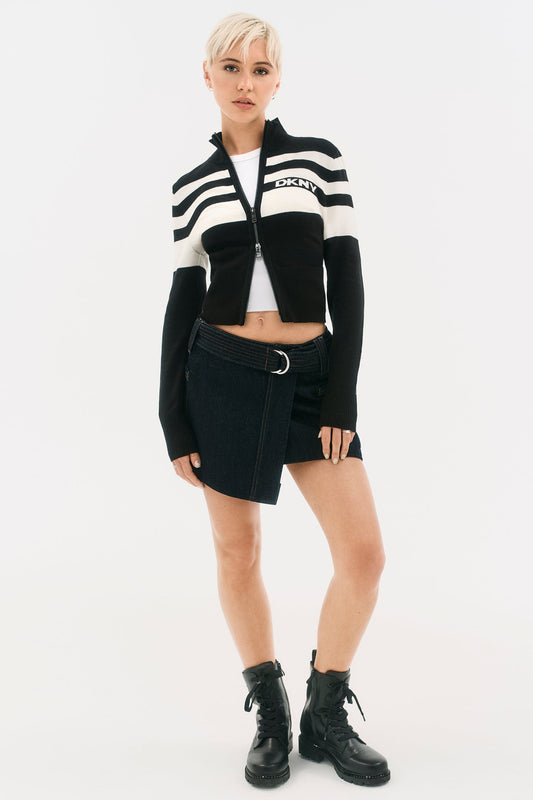 STRIPED MOCK NECK ZIP SWEATER Black/Ivory | DKNY