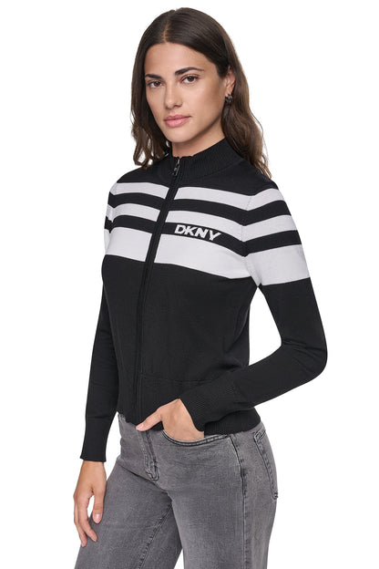 STRIPED MOCK NECK ZIP SWEATER Black/Ivory | DKNY