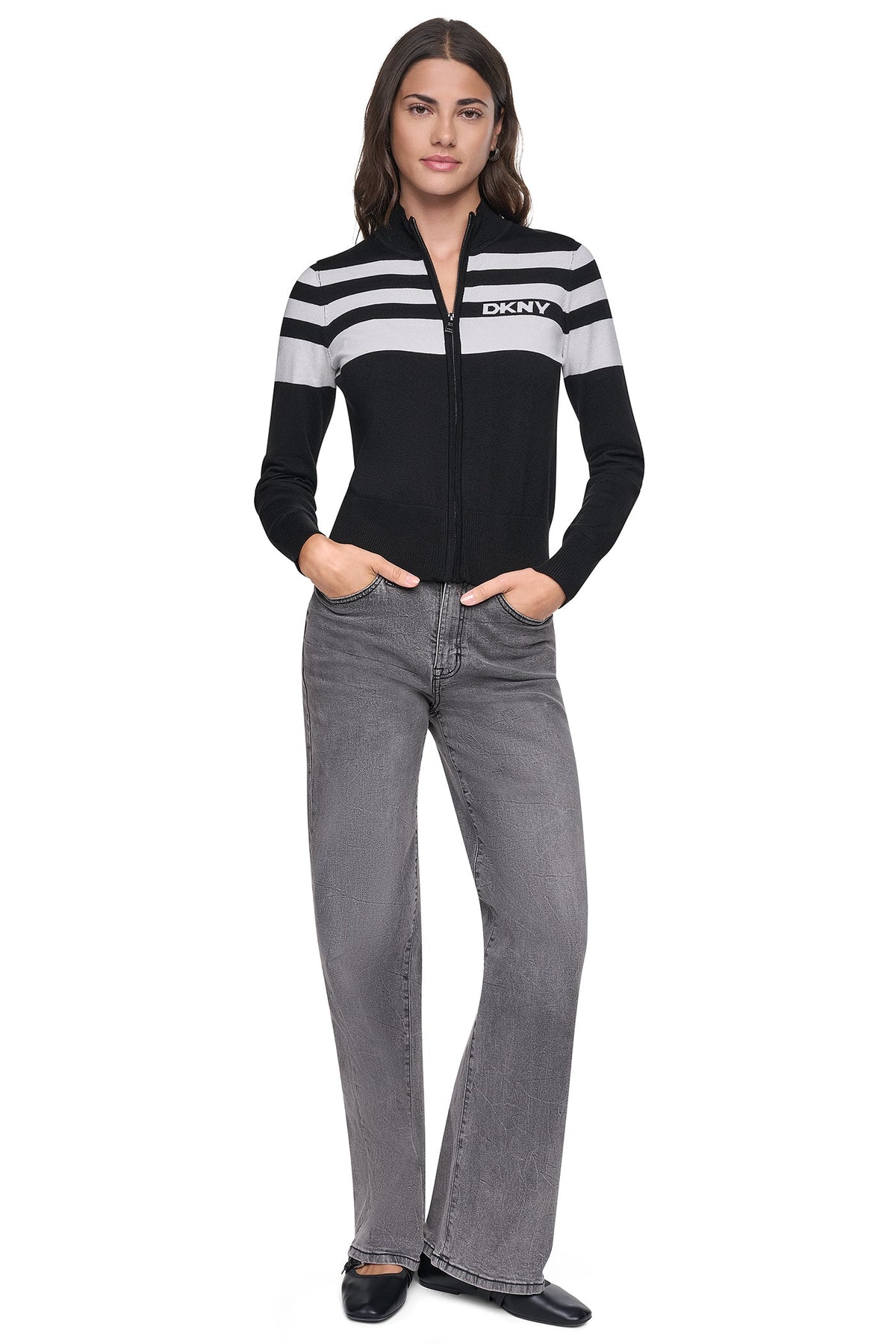 STRIPED MOCK NECK ZIP SWEATER Black/Ivory | DKNY