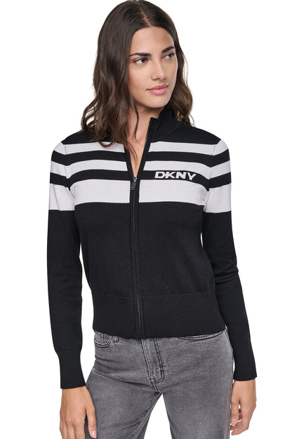 STRIPED MOCK NECK ZIP SWEATER Black/Ivory | DKNY
