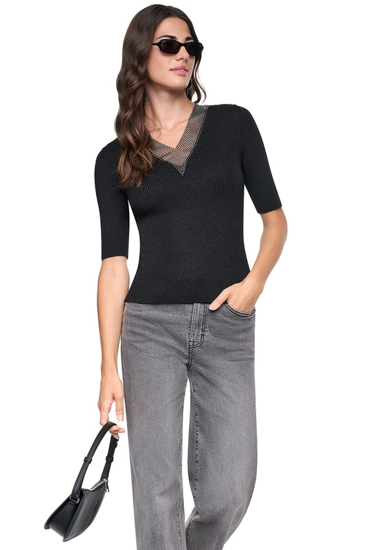 EMBELLISHED METALLIC SWEATER Black | DKNY