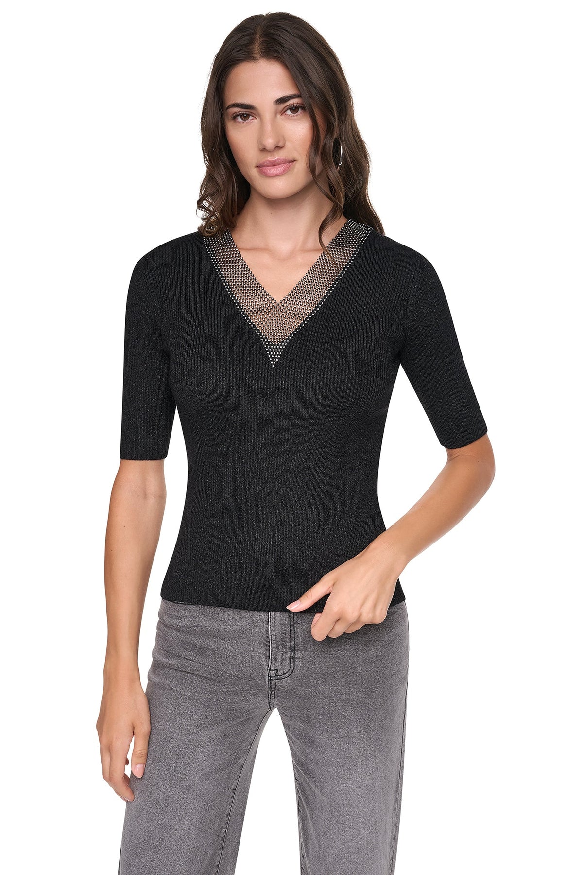 EMBELLISHED METALLIC SWEATER Black | DKNY