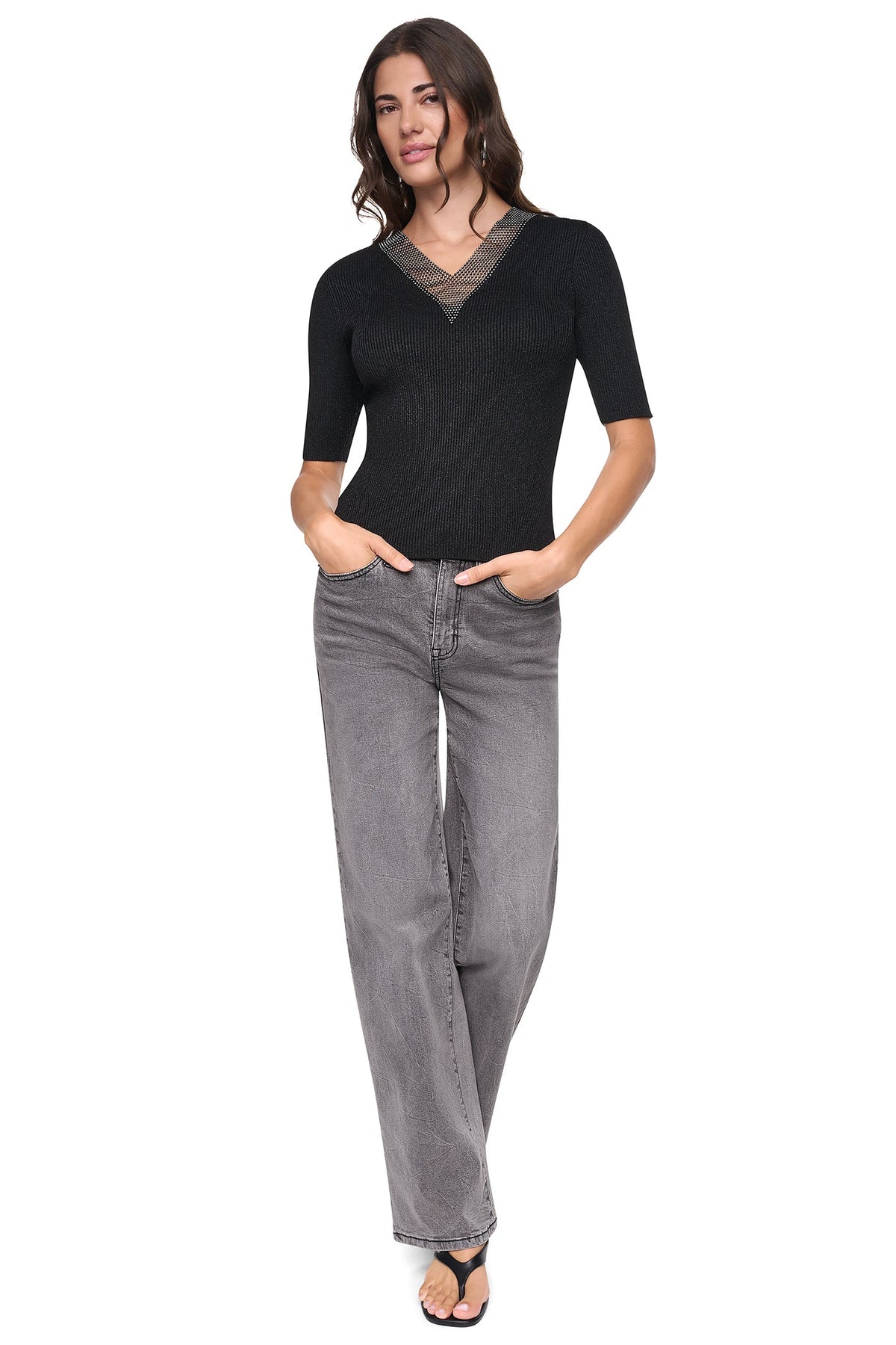 EMBELLISHED METALLIC SWEATER Black | DKNY