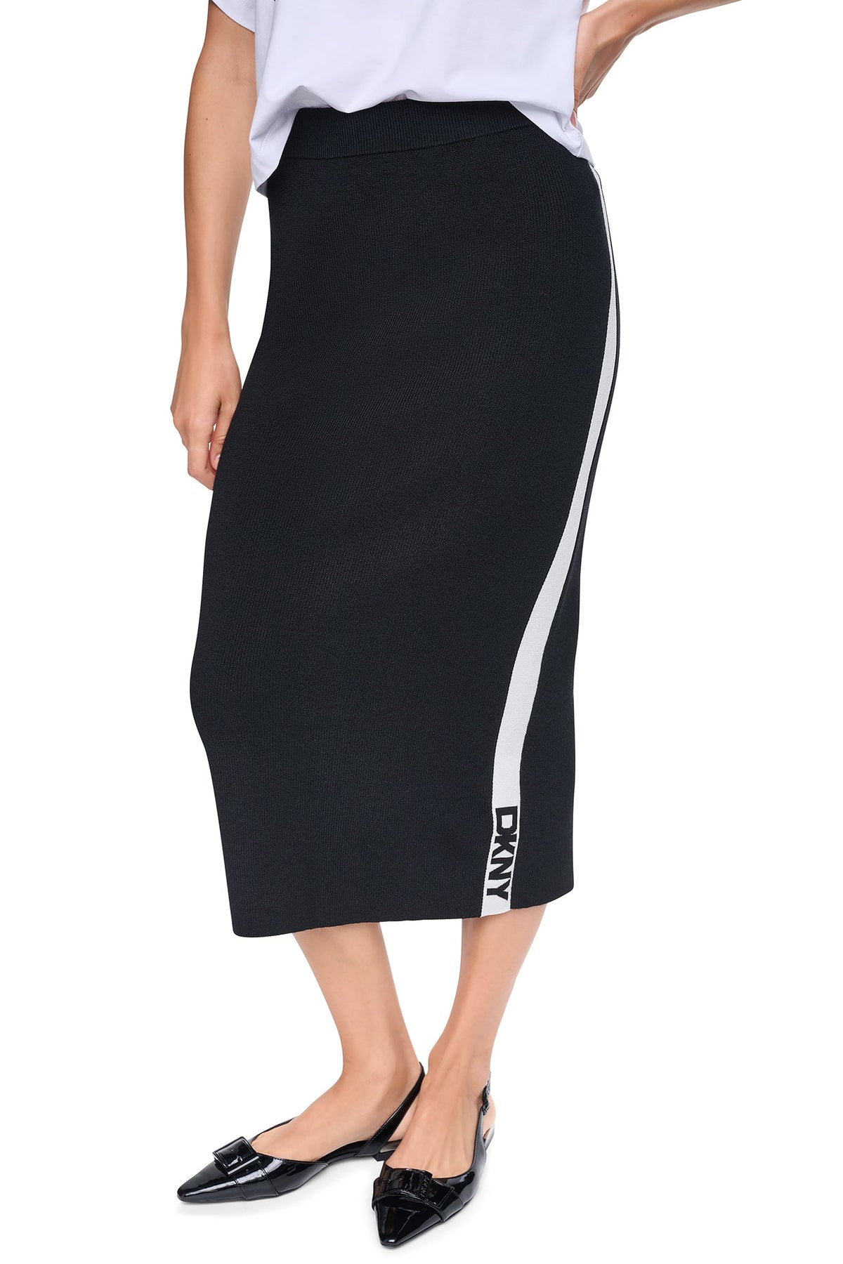 LOGO STRIPE SWEATER SKIRT Black/Ivory | DKNY