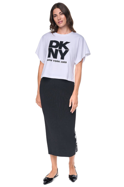 LOGO STRIPE SWEATER SKIRT Black/Ivory | DKNY