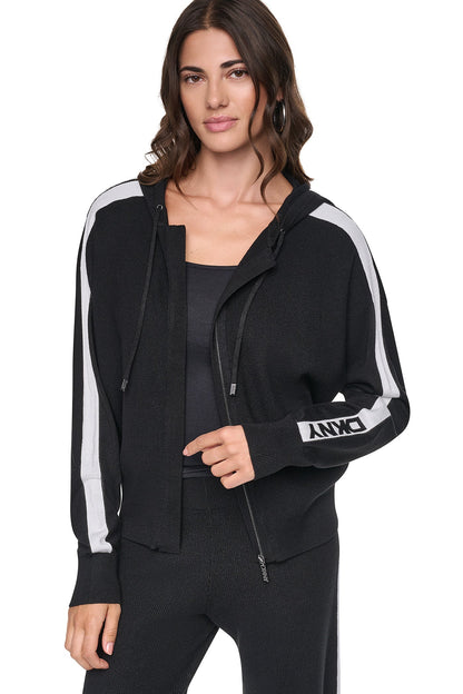 LOGO STRIPE HOODIE SWEATER Black/Ivory | DKNY