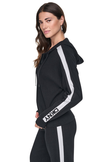 LOGO STRIPE HOODIE SWEATER Black/Ivory | DKNY