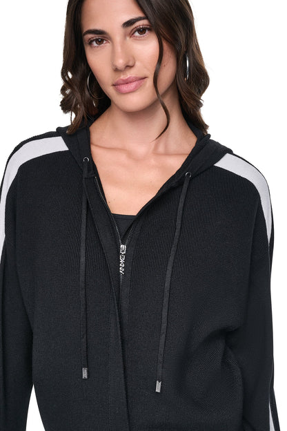 LOGO STRIPE HOODIE SWEATER Black/Ivory | DKNY