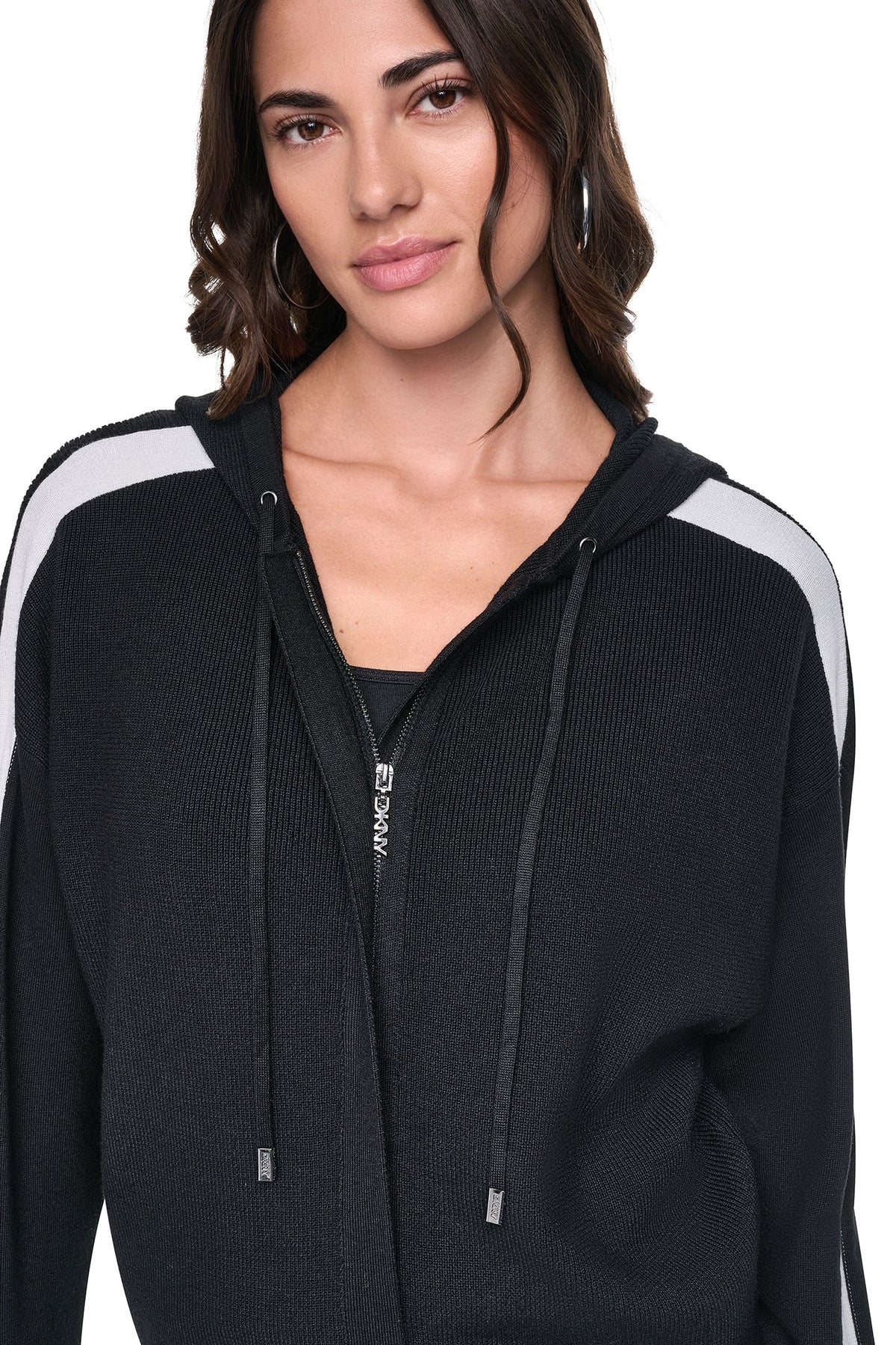 LOGO STRIPE HOODIE SWEATER Black/Ivory | DKNY