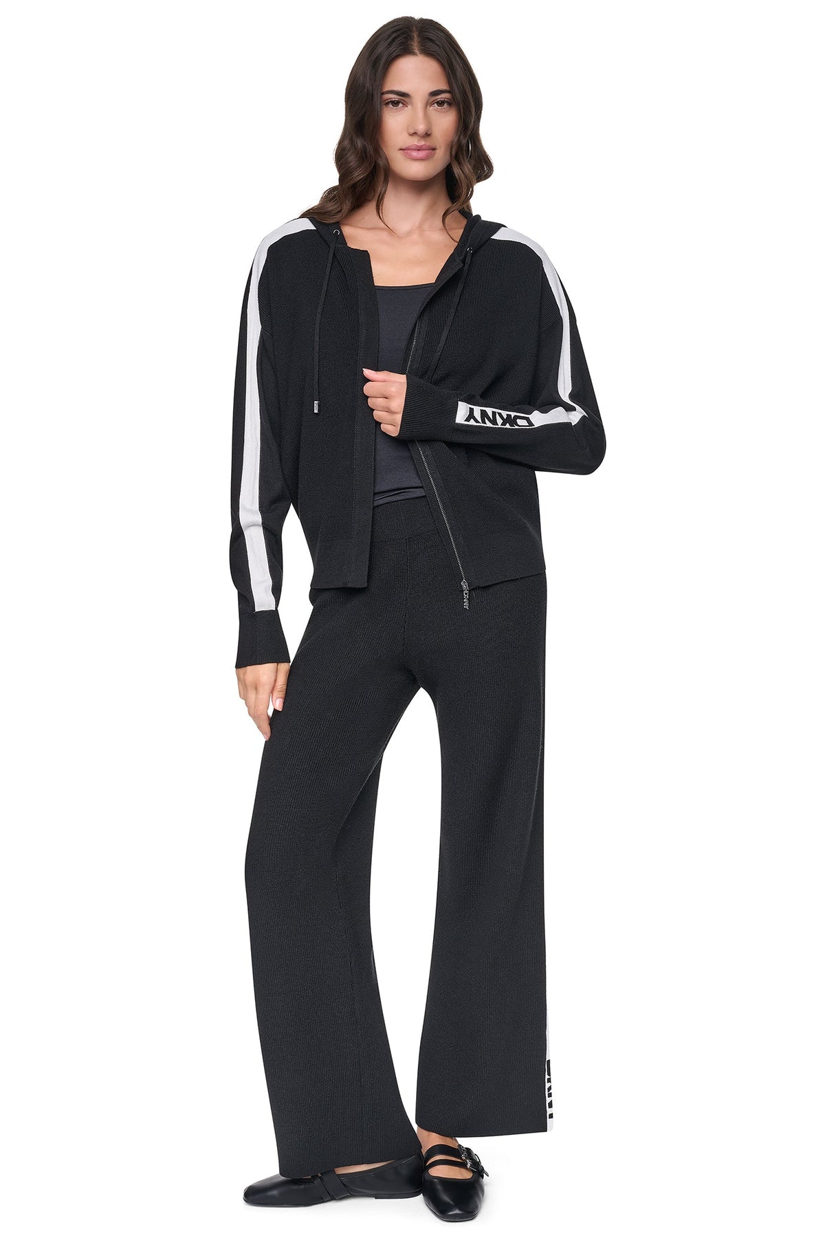 LOGO STRIPE HOODIE SWEATER Black/Ivory | DKNY