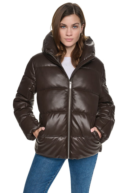 FAUX LEATHER PUFFER JACKET Espresso | DKNY