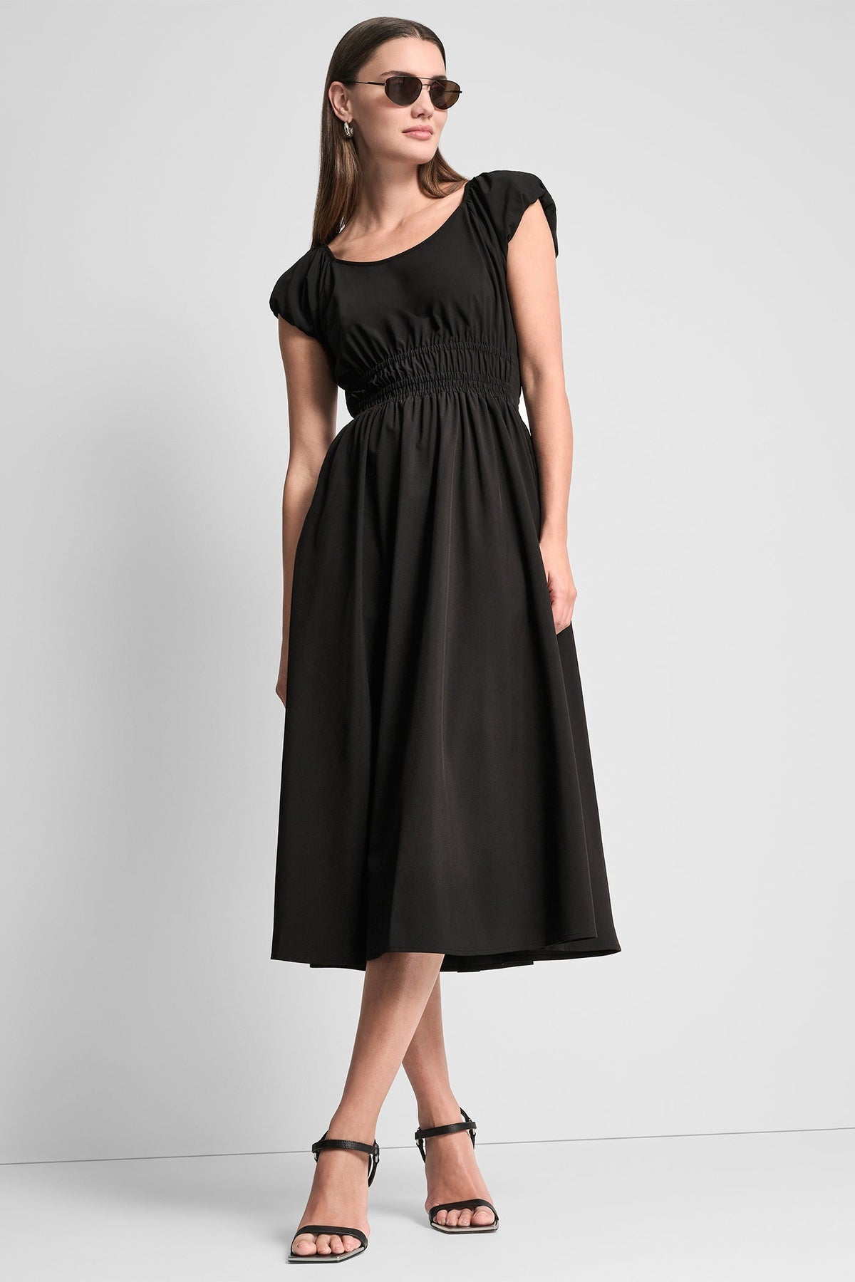 PUFF SLEEVE FIT & FLARE MIDI DRESS Black | DKNY