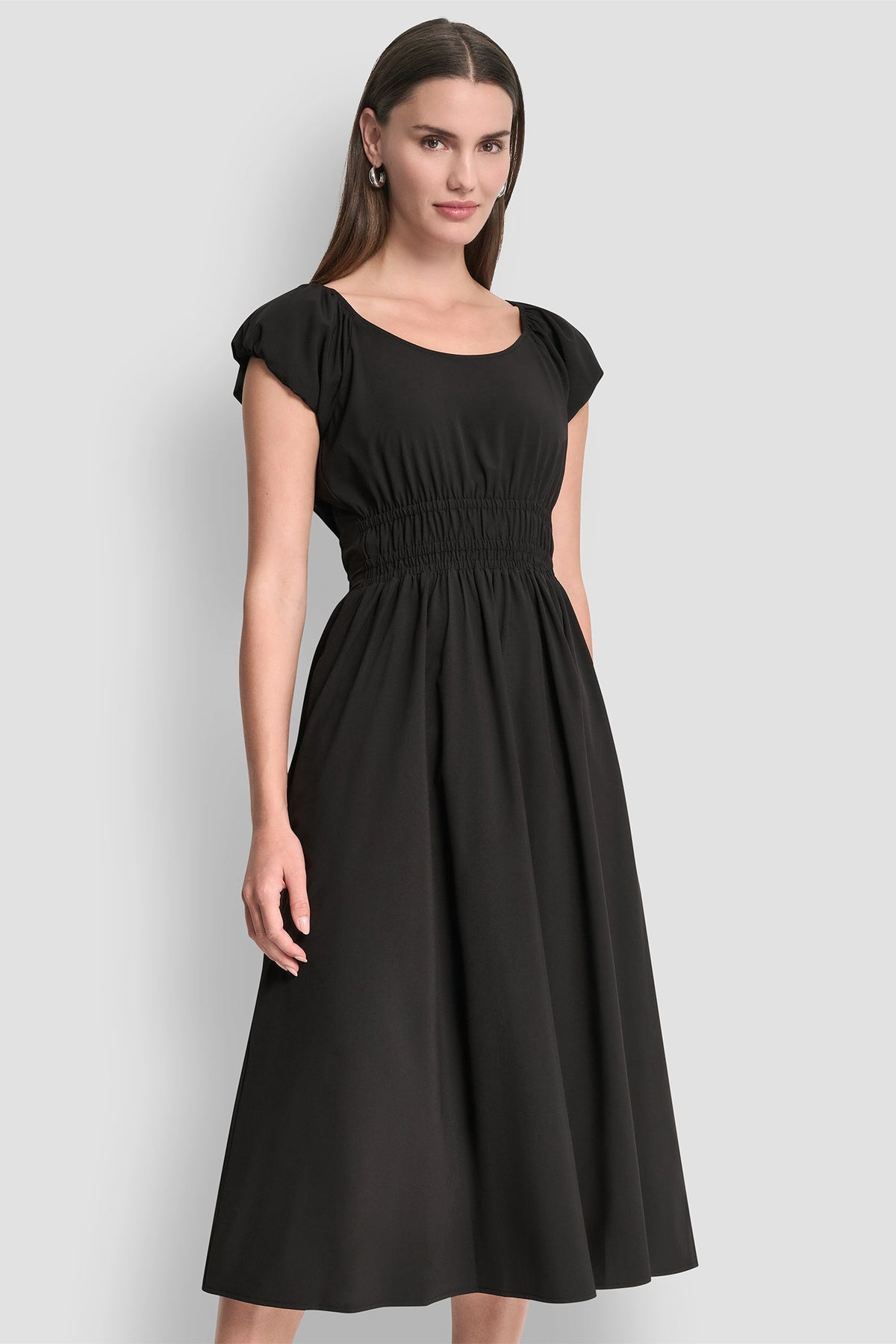 PUFF SLEEVE FIT & FLARE MIDI DRESS Black | DKNY