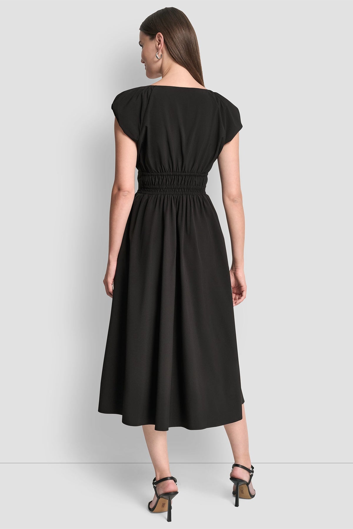 PUFF SLEEVE FIT & FLARE MIDI DRESS Black | DKNY