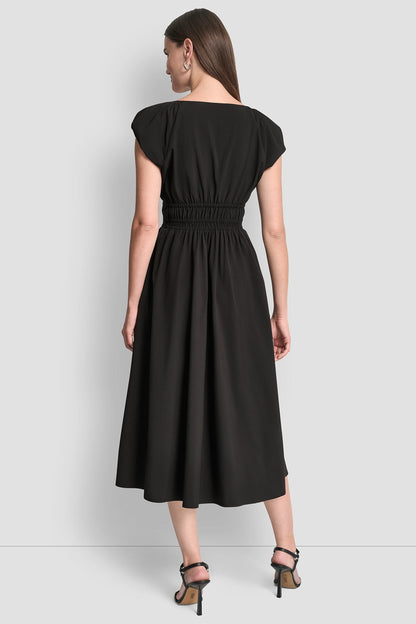 PUFF SLEEVE FIT & FLARE MIDI DRESS Black | DKNY