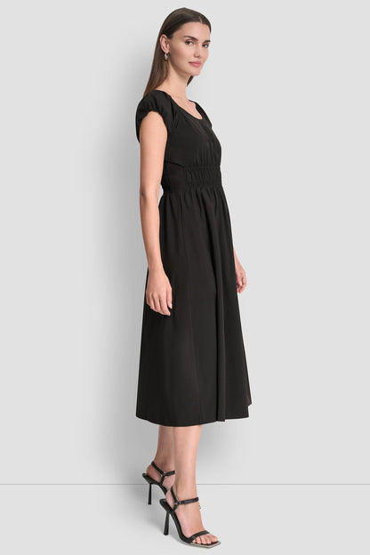 PUFF SLEEVE FIT & FLARE MIDI DRESS Black | DKNY