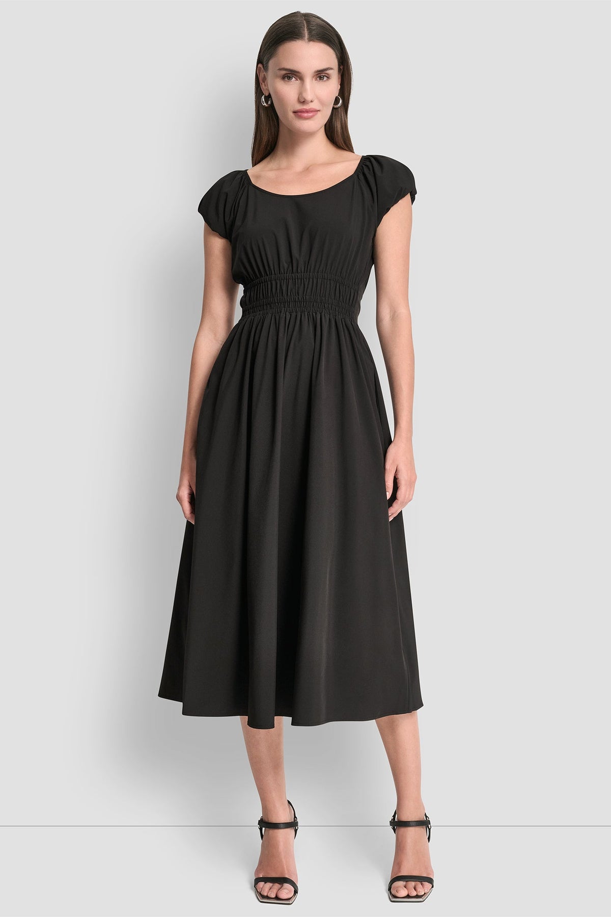 PUFF SLEEVE FIT & FLARE MIDI DRESS Black | DKNY