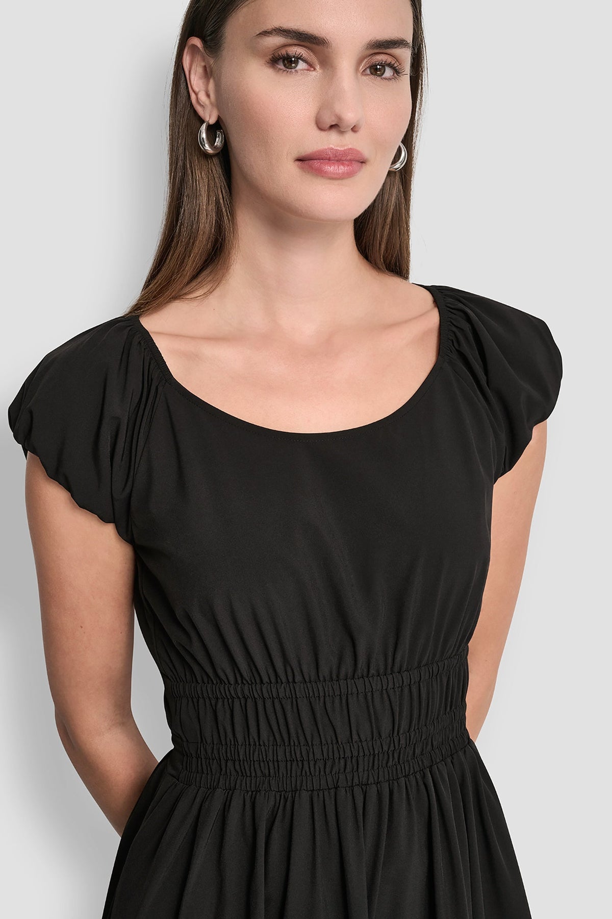 PUFF SLEEVE FIT & FLARE MIDI DRESS Black | DKNY