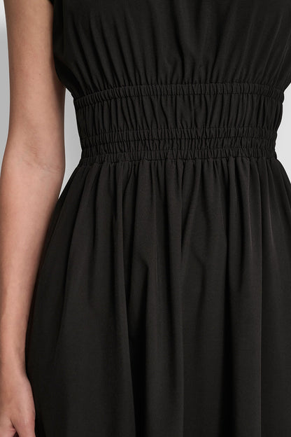 PUFF SLEEVE FIT & FLARE MIDI DRESS Black | DKNY