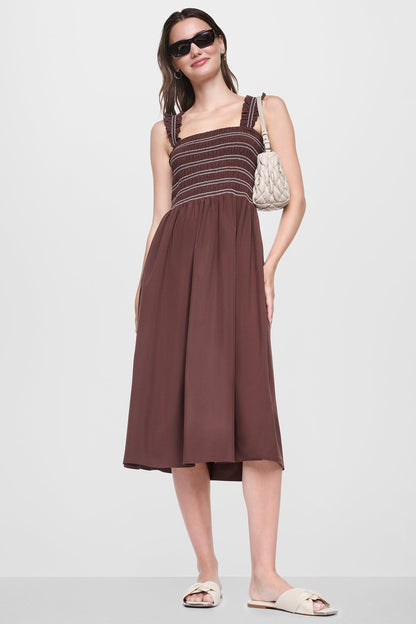 SLEEVELESS SMOCKED MIDI A-LINE DRESS Black | DKNY