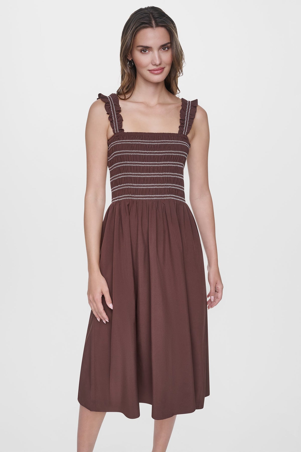 SLEEVELESS SMOCKED MIDI A-LINE DRESS Black | DKNY