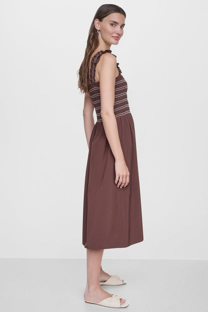 SLEEVELESS SMOCKED MIDI A-LINE DRESS Black | DKNY