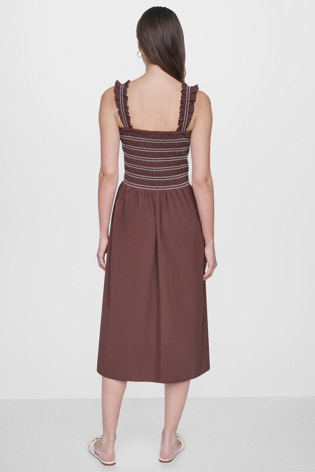 SLEEVELESS SMOCKED MIDI A-LINE DRESS Black | DKNY