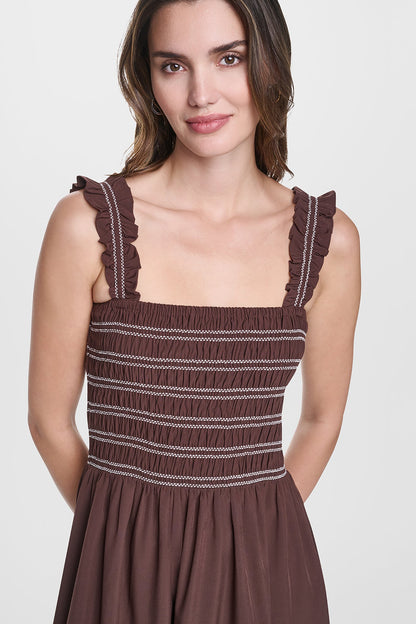 SLEEVELESS SMOCKED MIDI A-LINE DRESS Black | DKNY