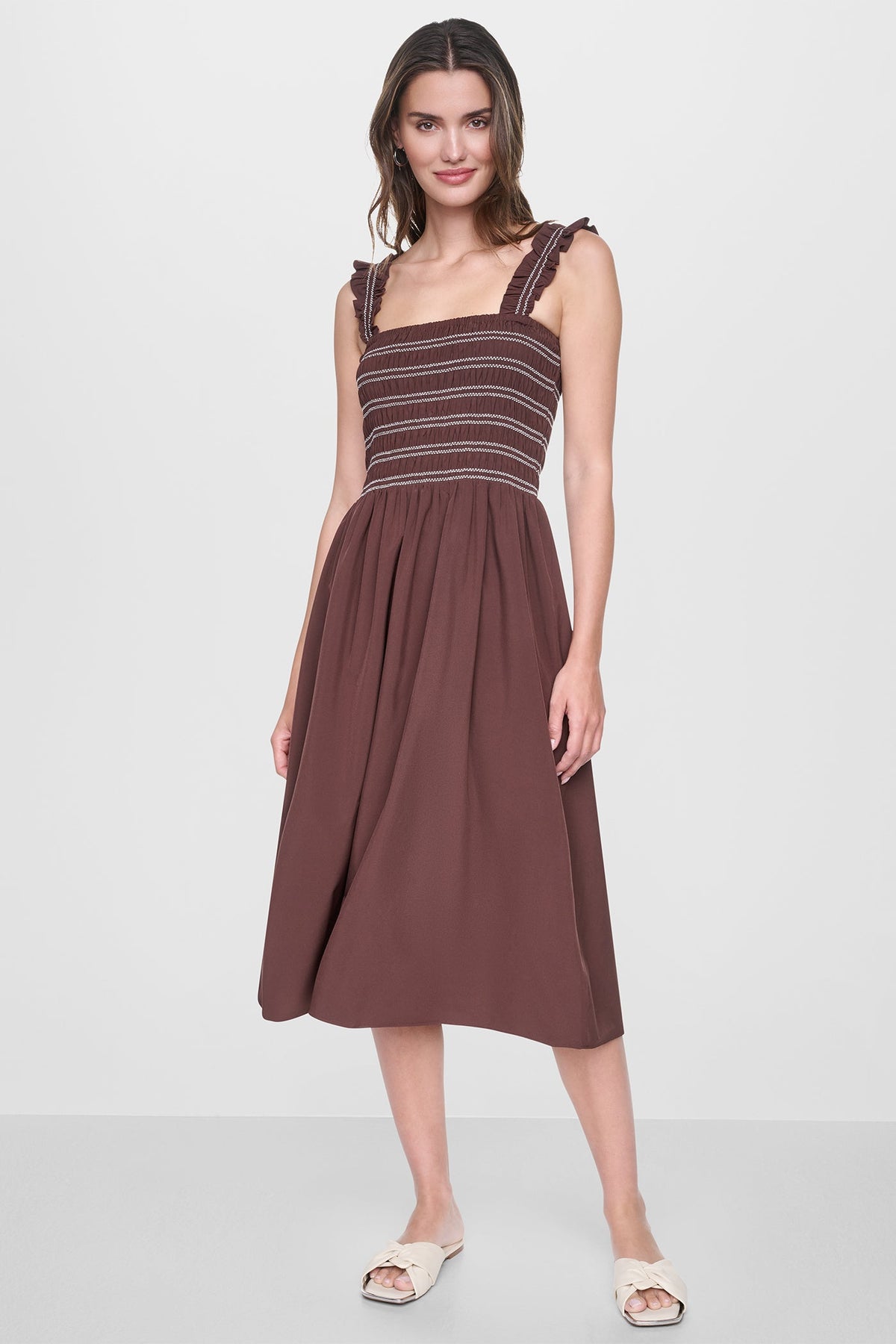 SLEEVELESS SMOCKED MIDI A-LINE DRESS Black | DKNY