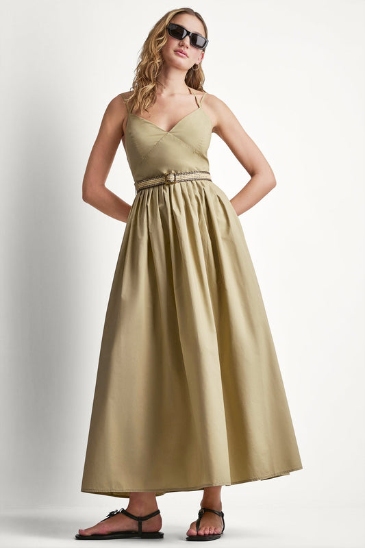 STRAPPY V-NECK MAXI DRESS WITH RAFFIA BELT Travertine | DKNY