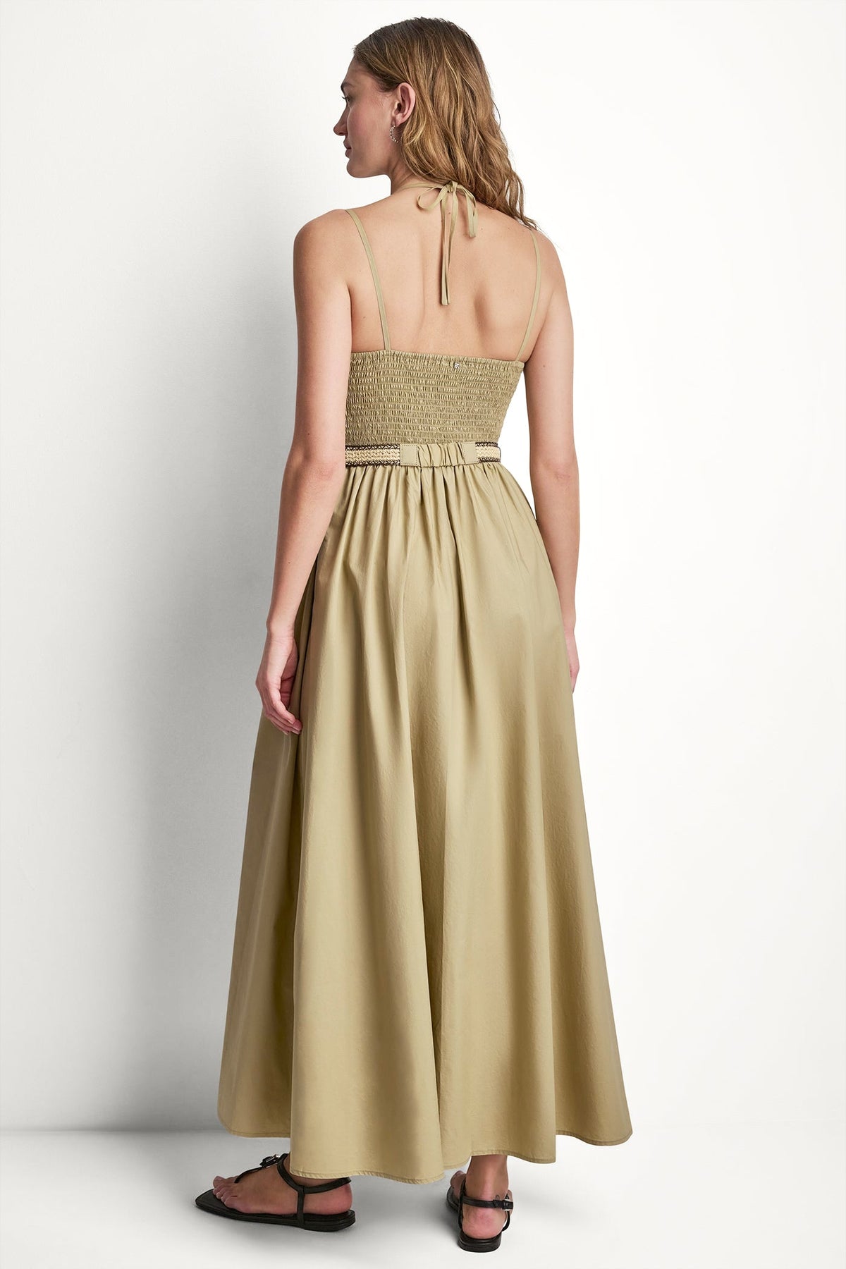 STRAPPY V-NECK MAXI DRESS WITH RAFFIA BELT Travertine | DKNY